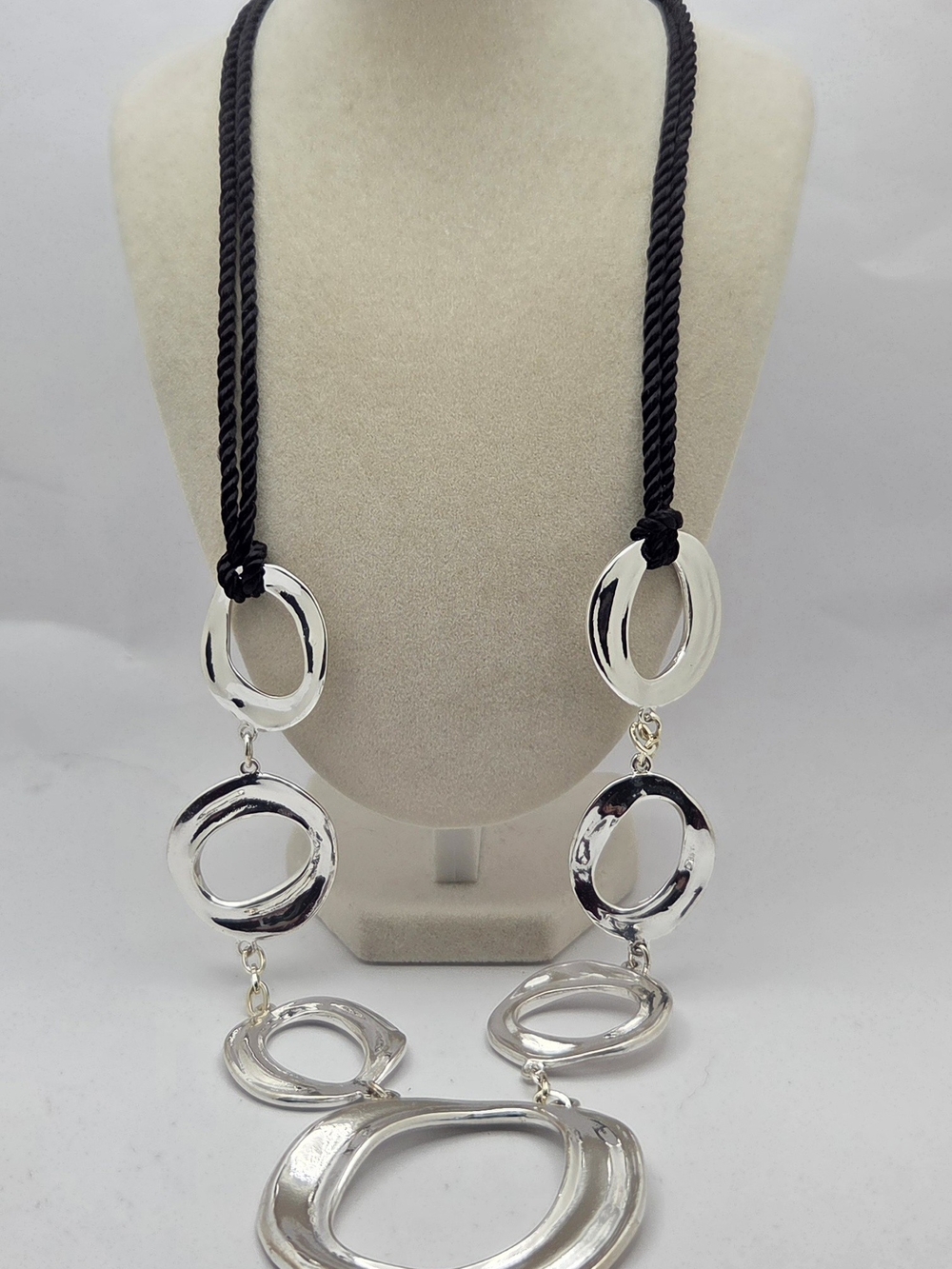 Chico's Silver Tone Open Link Cord Statement Necklace Modernist Geometric 19"